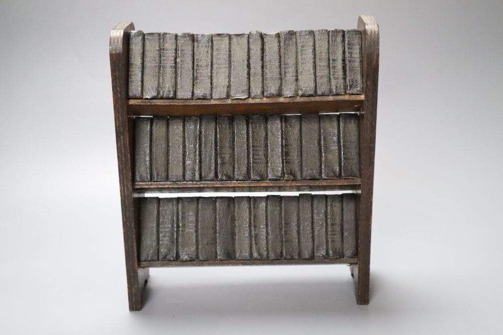 Shakespeares Works in miniature, 40 volumes on original three-shelf open bookcase, 20cm wide